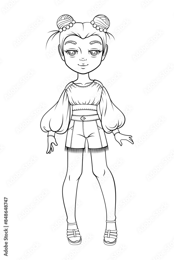 Black and white illustration of an anime-style cute girl in a stylish summer crop top and shorts. Perfect as a kids' coloring page. Black and white illustration of an anime-style cute girl in a stylish summer crop top and shorts. Perfect as a kids' coloring page.