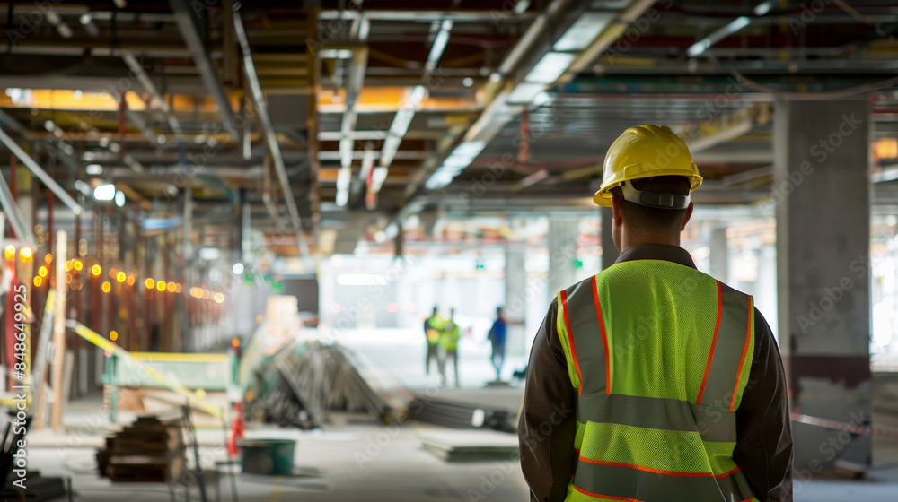 Naklejka premium Construction engineer with safety standard looking at building at construction. generative ai