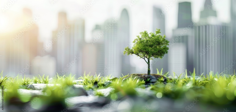 Fototapeta premium Small tree growing in front of blurred cityscape.