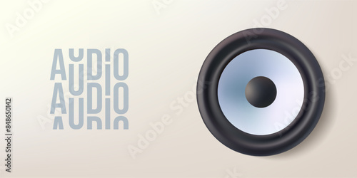 Stereo system sound speaker 3d vector illustration. Concert woofer station for electronic melody announce device. Music acoustic, audio podcast realistic radio boombox tuner. Speech broadcasting box