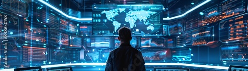 Silhouette of a person standing in front of a futuristic screen with a world map.