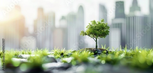 Small tree growing in front of blurred cityscape.