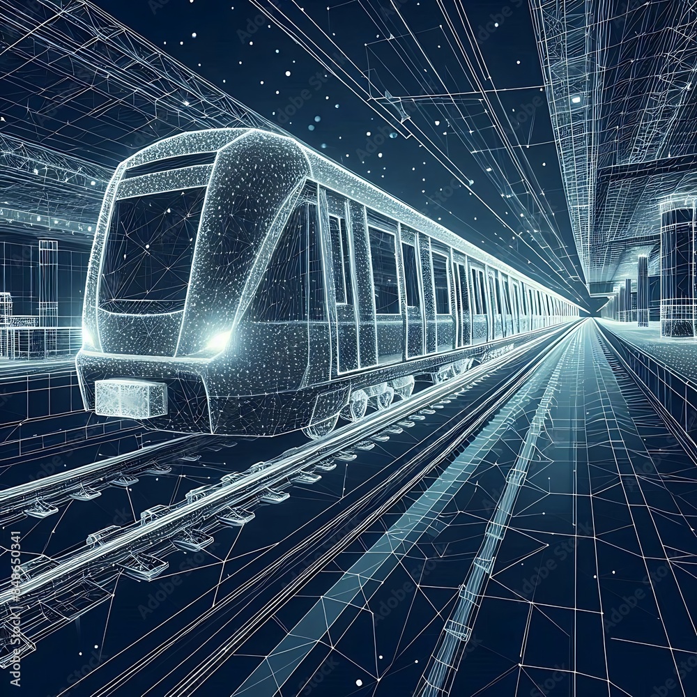 Fototapeta premium Abstract polygonal 3d wireframe of modern train at railway station or metro. Digital vector mesh looks like starry sky. Rapid transit system, transportation, railway logistics concept in dark blue.