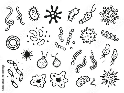 collection of bacteria, germs, microbiome and viruses. Outlined vector icon set in line style.