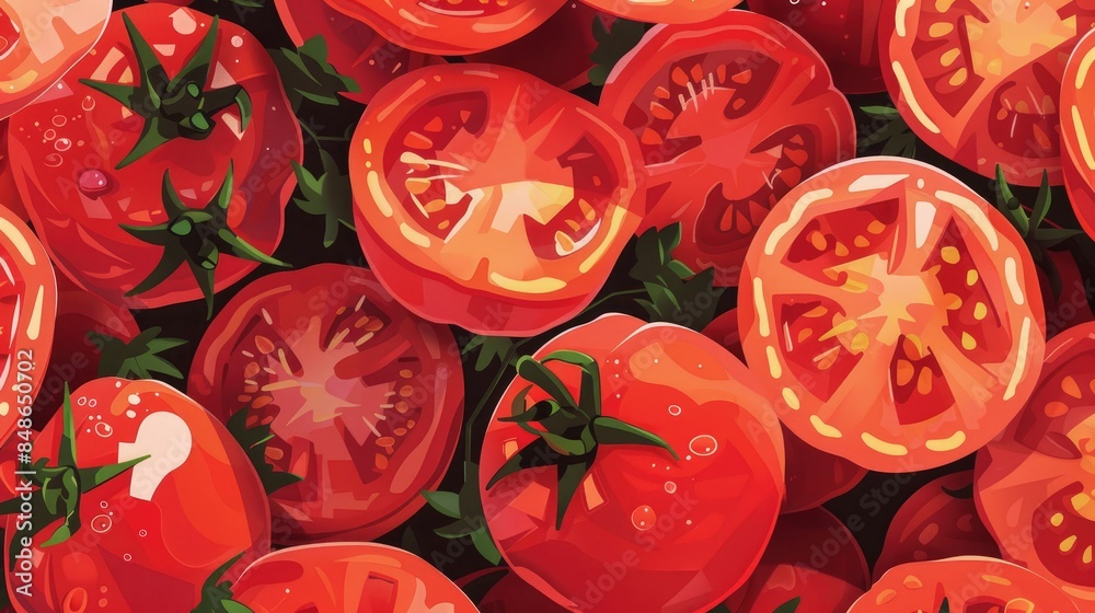 Vibrant red tomatoes and sliced pieces showcased in a whimsical cartoon style highlighting the essence of vegetarian cuisine with fresh and raw ingredients Vibrant red tomatoes and sliced pieces showcased in a whimsical cartoon style highlighting the essence of vegetarian cuisine with fresh and raw ingredients