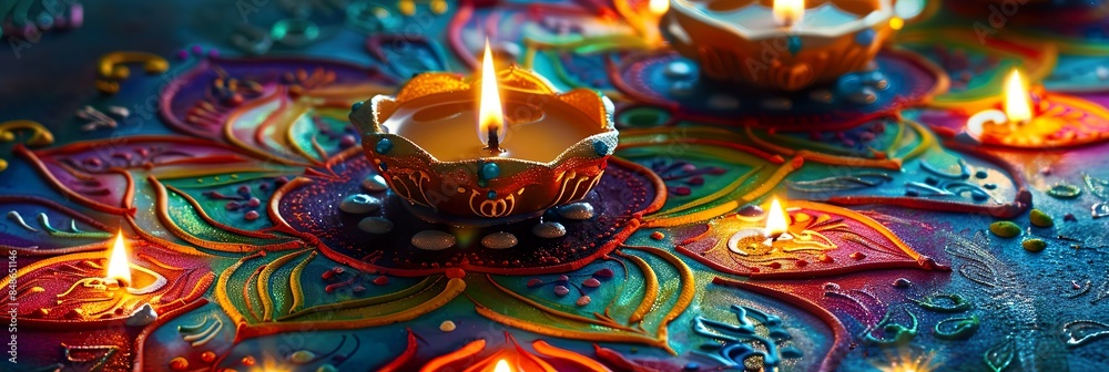 Diwali Festival Celebration with Traditional Diyas and Colorful Rangoli Patterns, Creating a Warm and Festive Atmosphere Filled with Light and Vibrant Colors