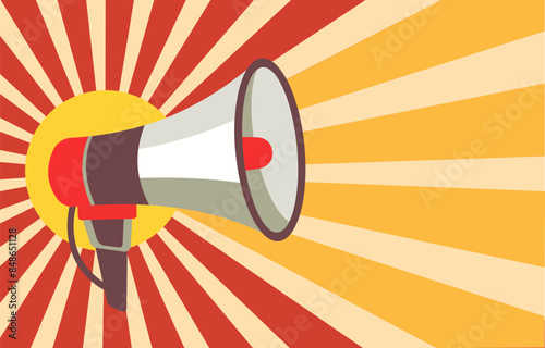 Flat Design Illustration of Megaphone Horn Speaker for Attention Announcement with Sunburst Lines Background