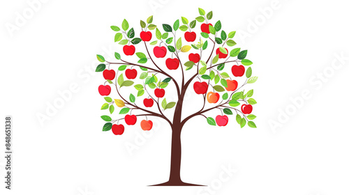 Colorful illustration of an apple tree filled with red apples and green leaves, representing nature and agriculture, perfect for educational purposes. , transparent