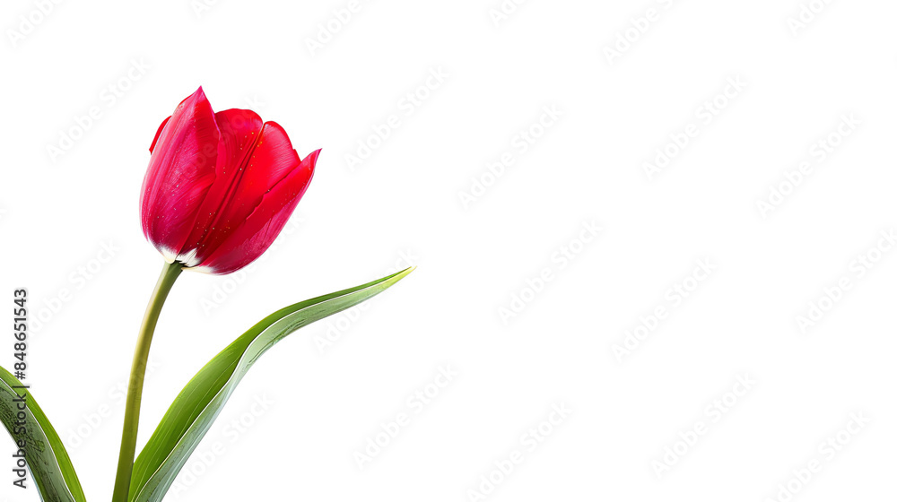 Elegant red tulip with green leaves isolated on black background, showcasing its vibrant color and delicate petals in full bloom. , transparent Elegant red tulip with green leaves isolated on black background, showcasing its vibrant color and delicate petals in full bloom. , transparent