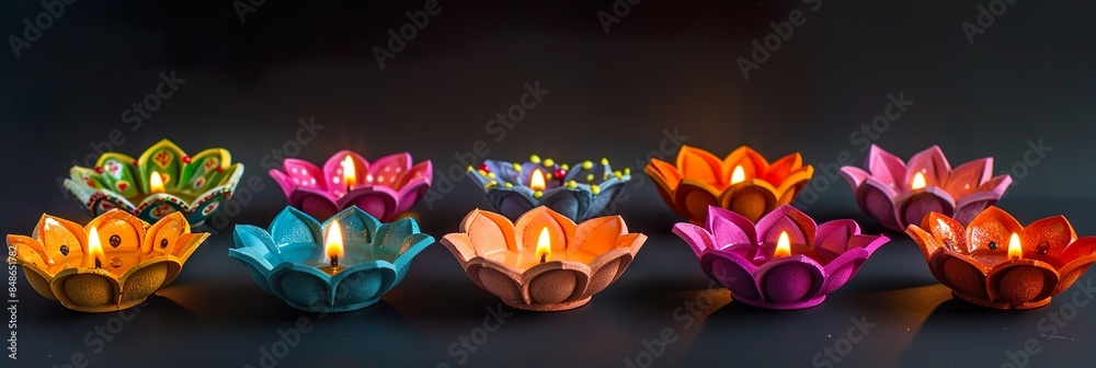 Naklejka premium Diwali Festival Celebration with Traditional Diyas and Colorful Rangoli Patterns, Creating a Warm and Festive Atmosphere Filled with Light and Vibrant Colors