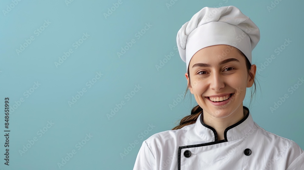 Smiling Female Chef with Kitchen Equipment in Chef's Hat and Uniform on Light Background Smiling Female Chef with Kitchen Equipment in Chef's Hat and Uniform on Light Background