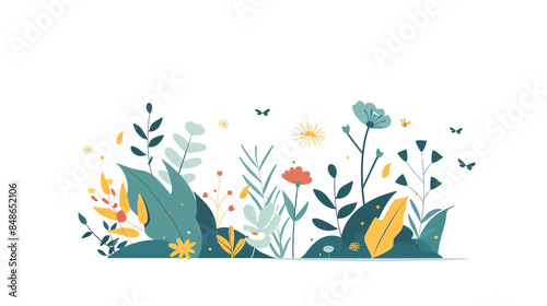 Abstract vector illustration of colorful botanical elements featuring flowers and leaves in a modern design style.