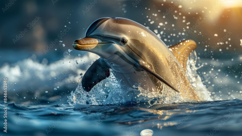Obraz premium A lively dolphin playfully splashing in the sea near the picturesque coast of Mallorca during golden hour. 