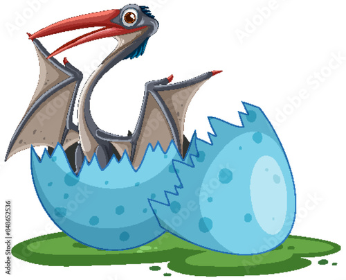 A baby dinosaur emerging from a blue egg