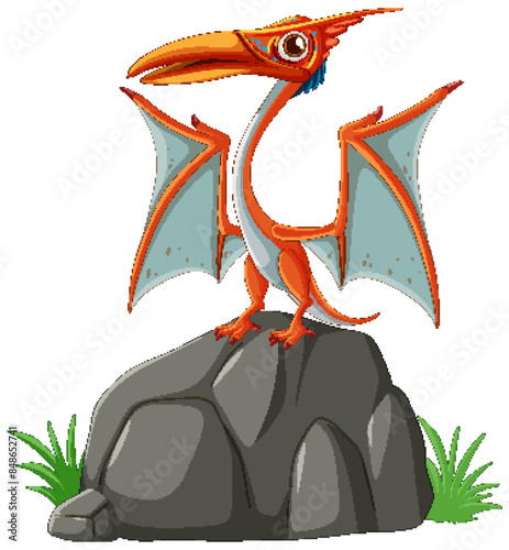 Colorful pterodactyl standing on a rock