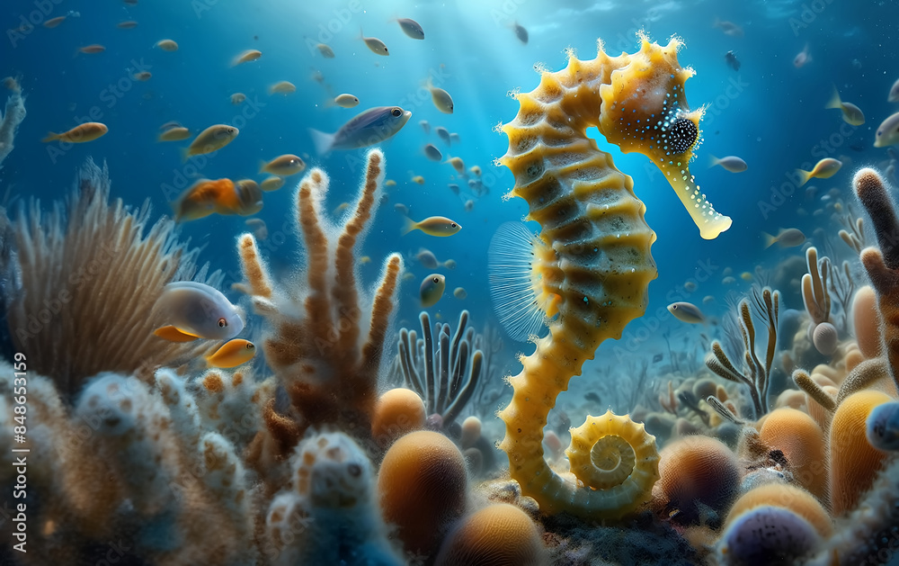 A seahorse swimming on a coral reef A seahorse swimming on a coral reef