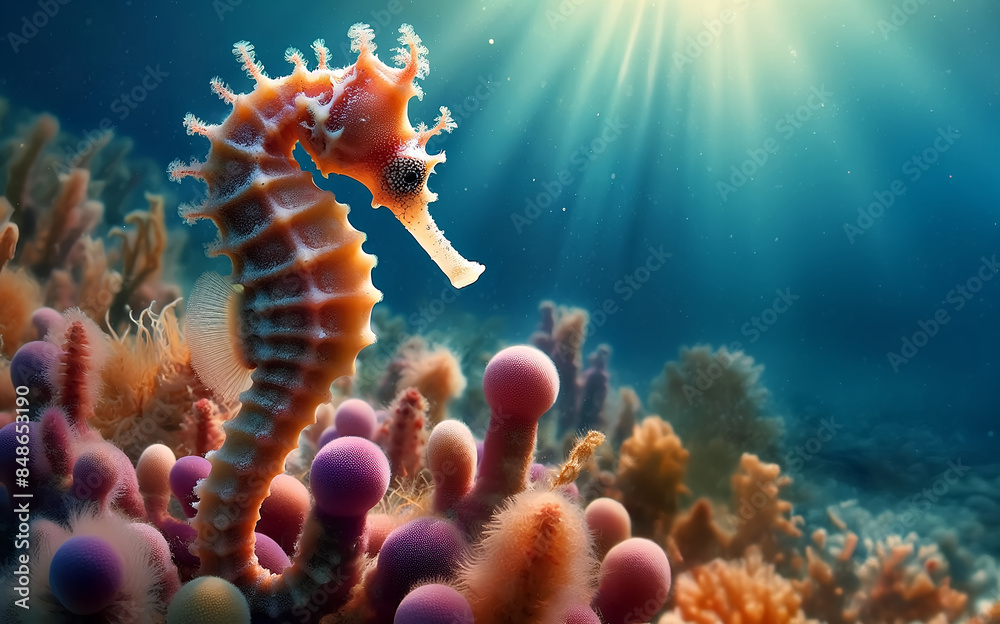 A seahorse swimming on a coral reef A seahorse swimming on a coral reef