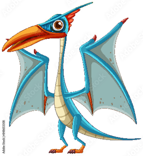 A vibrant, animated pterosaur with blue wings