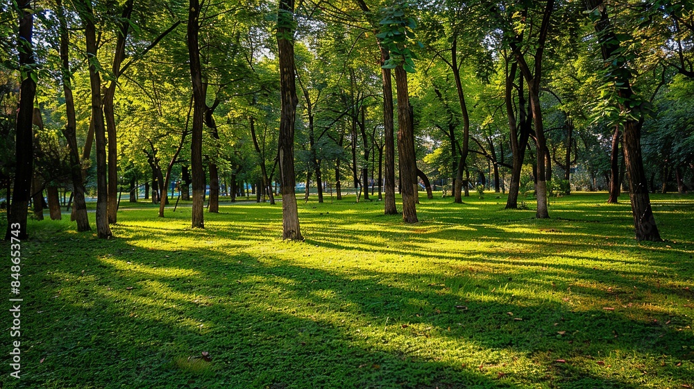 Obraz premium Stunning Wide-Angle View of a Beautiful Green Park with Lush Trees and Radiant Sunlight in High Resolution. Serene Nature Landscape Perfect for Outdoor Enthusiasts and Tranquil Escapes.