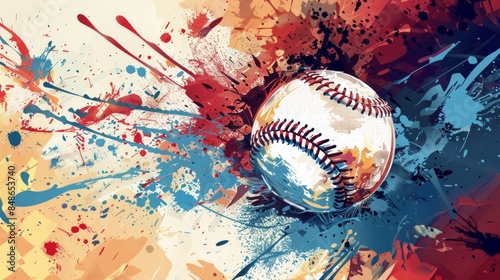 Baseball ball in action with splashes watercolor paint