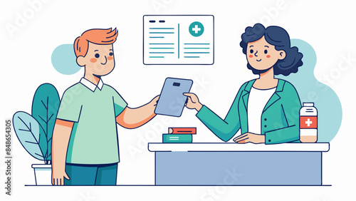 A medical receptionist collects medical expenses from the patient's guardian.