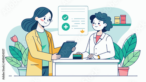 A medical receptionist collects medical expenses from the patient's guardian.