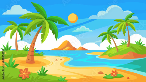 summer beach scene with palm trees, green grass and orange flowers, a yellow sky with clouds.