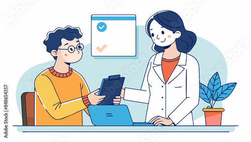 A medical receptionist collects medical expenses from the patient's guardian.