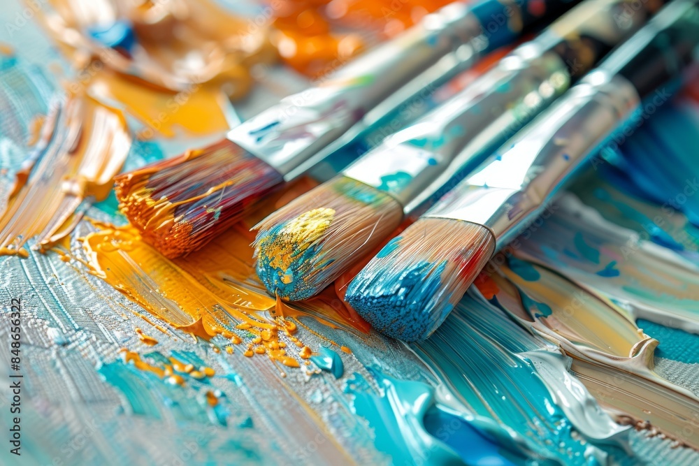 Obraz premium Artist’s workspace: Paintbrushes and paint tubes on a white desk. Ideal for photo-stock