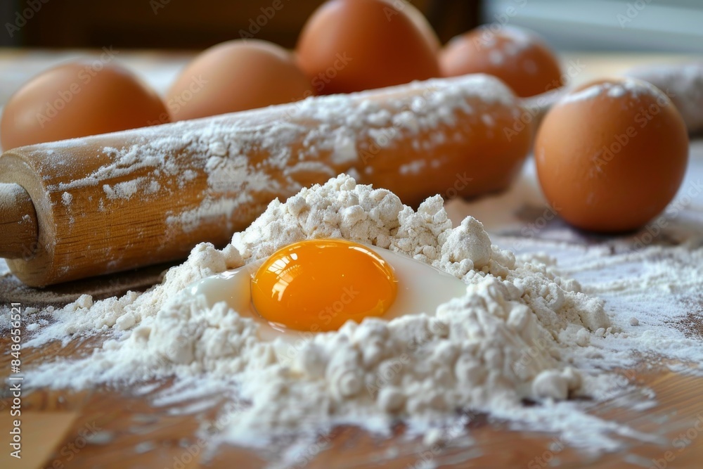 Baking ingredients: Flour, eggs, and a rolling pin on a wooden kitchen countertop Baking ingredients: Flour, eggs, and a rolling pin on a wooden kitchen countertop