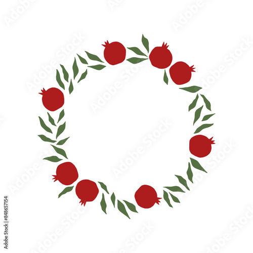 Pomegranate wreath vector illustration. Shana Tova hand drawn holiday card. Jewish New Year Rosh Hashanah frame. Template with fruit and leaves for postcard, invitation isolated on white. photo