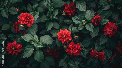 Red flowers standing out against a backdrop of green leaves