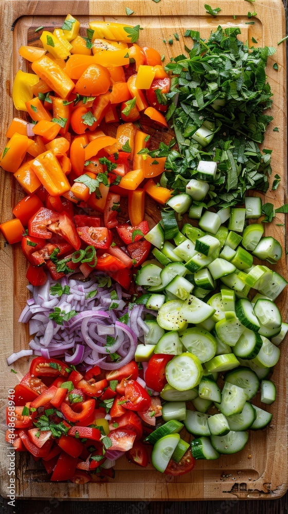 Healthy salad: Freshly chopped vegetables on a cutting board. Healthy salad: Freshly chopped vegetables on a cutting board.