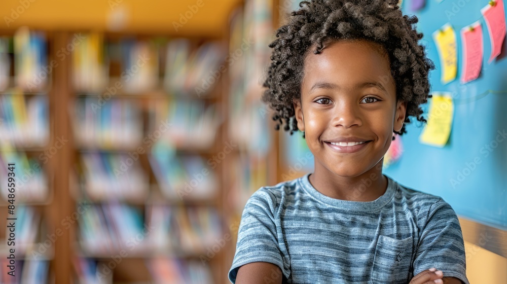 A young child gazes up at a bookshelf, filled with vibrant books, in a well-lit school library, with plenty of copy space to the side A young child gazes up at a bookshelf, filled with vibrant books, in a well-lit school library, with plenty of copy space to the side