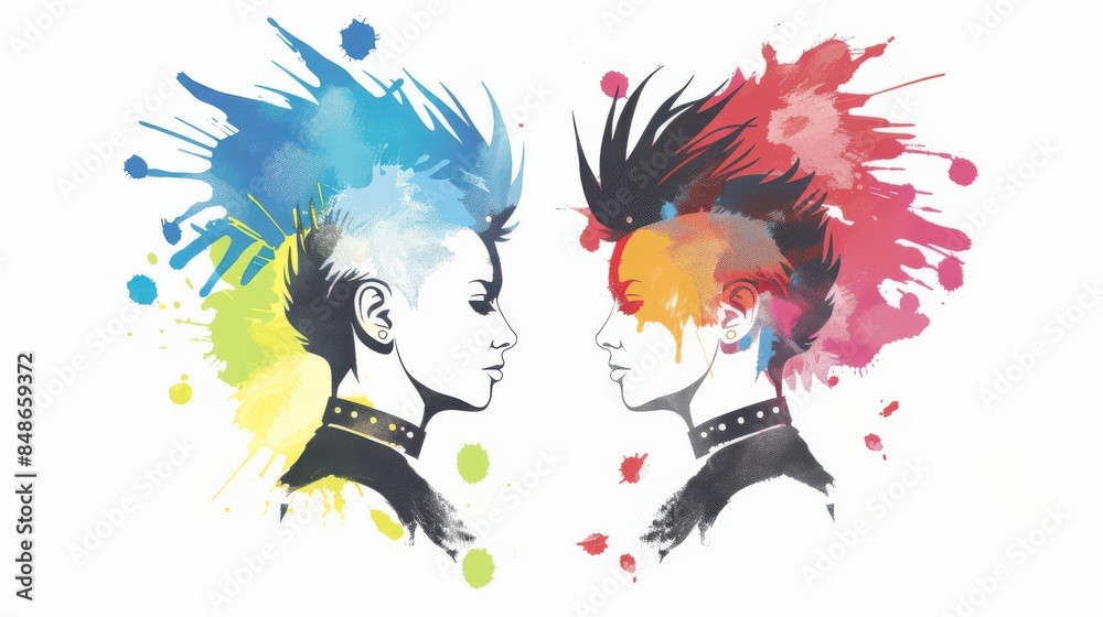 Two punks with brightly colored hair face off, ready to fight. The background is aPo Cai of bright colors. Two punks with brightly colored hair face off, ready to fight. The background is aPo Cai of bright colors.