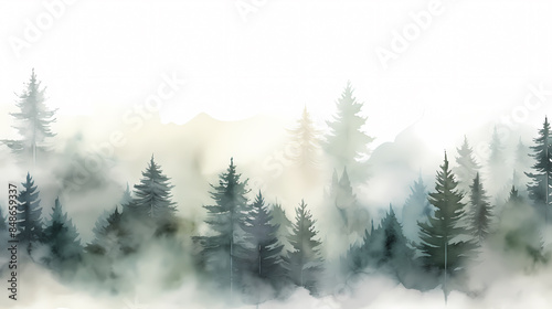 Watercolor green pine forest with foggy mountains in the background