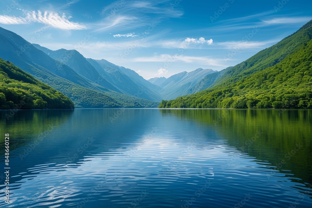 Mountain lake: A calm lake surrounded by mountains under a blue sky, ideal for adding text in the open sky area Mountain lake: A calm lake surrounded by mountains under a blue sky, ideal for adding text in the open sky area