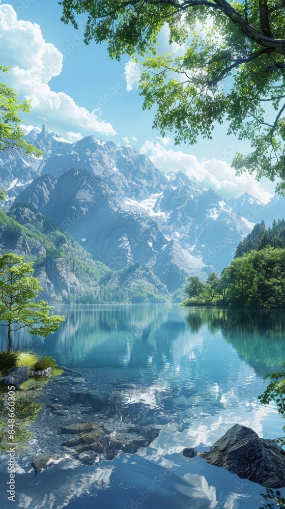 Mountain lake: A calm lake surrounded by mountains under a blue sky, ideal for adding text in the open sky area Mountain lake: A calm lake surrounded by mountains under a blue sky, ideal for adding text in the open sky area