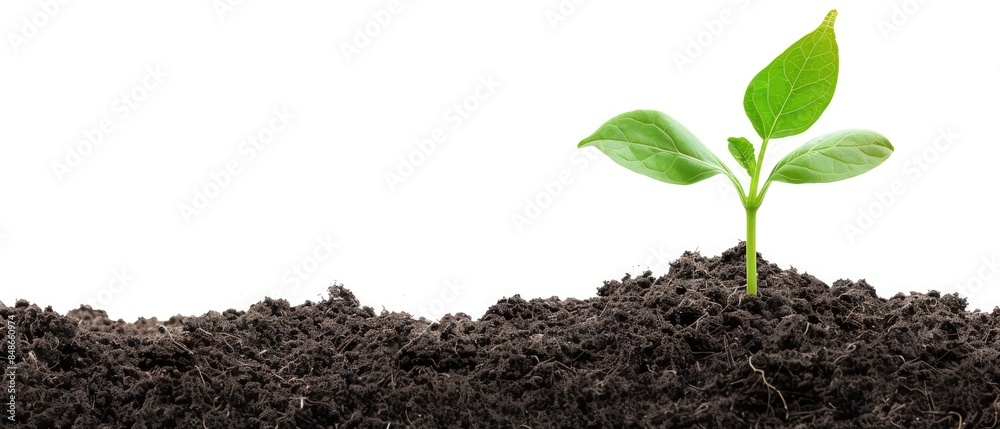 Young Plant Sprout Emerging from Rich Soil on White Background Young Plant Sprout Emerging from Rich Soil on White Background