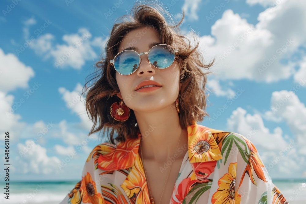 portrait of a beautiful young woman in a beautiful shirt with a neckline on the beach. Summer vacation by the sea portrait of a beautiful young woman in a beautiful shirt with a neckline on the beach. Summer vacation by the sea