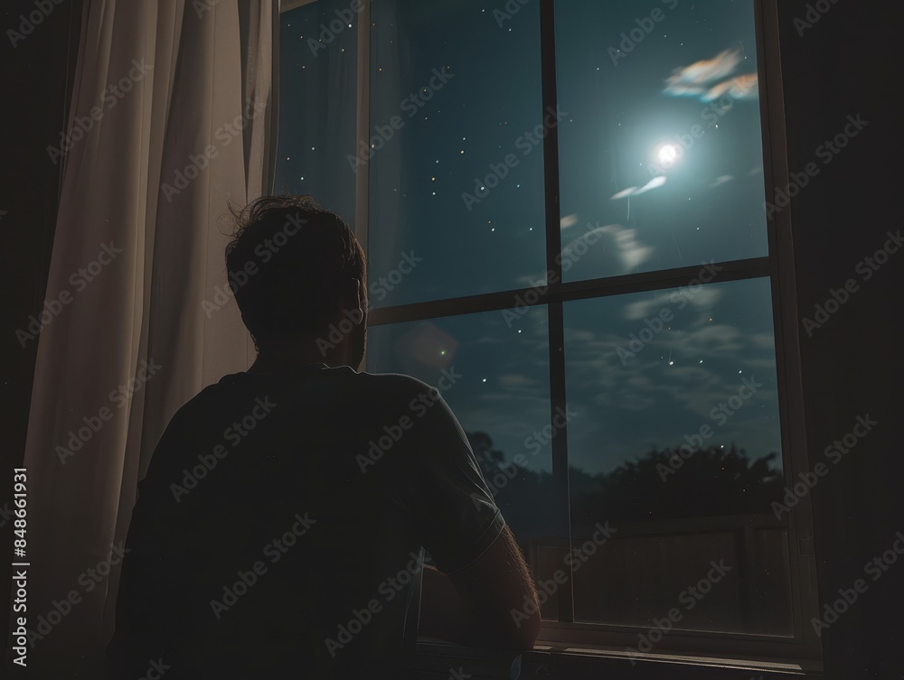 Contemplating Insomnia: Solitary Figure Gazing at Moonlit Night Sky Through Window