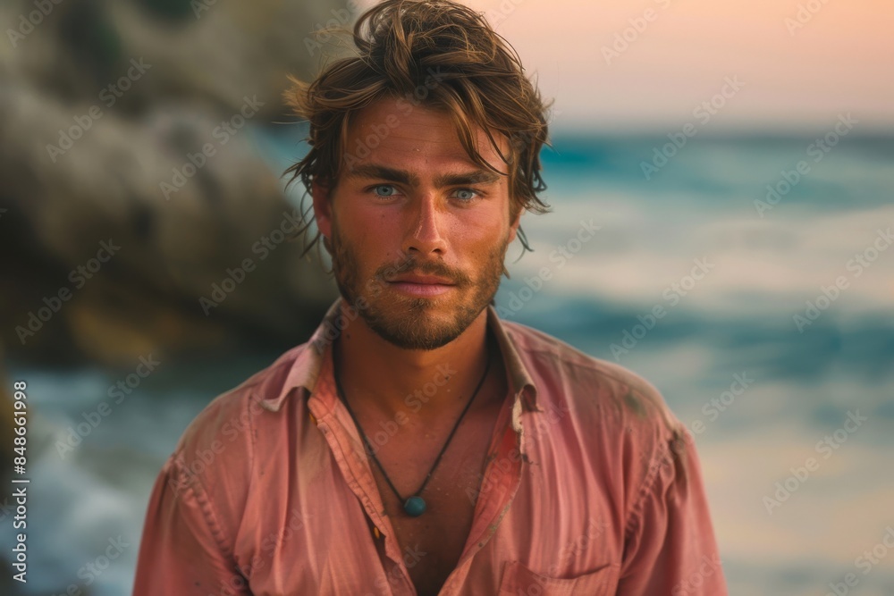 portrait of a handsome brutal young guy in a pink shirt on the beach. Summer vacation by the sea portrait of a handsome brutal young guy in a pink shirt on the beach. Summer vacation by the sea