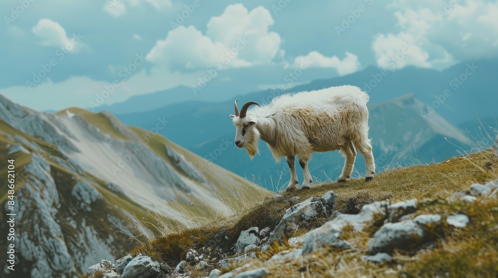 Fototapeta premium Goat on a mountain grazing on grass