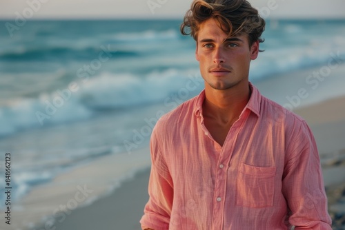 portrait of a handsome brutal young guy in a pink shirt on the beach. Summer vacation by the sea