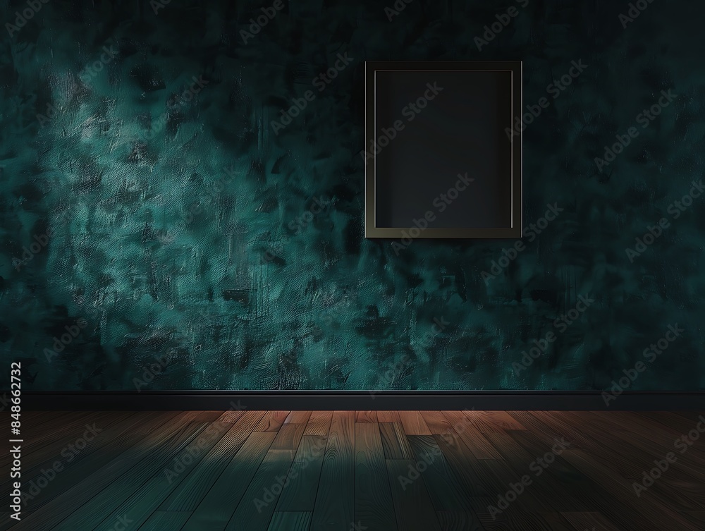 A dark emerald wall showcasing a single small rectangular empty blank picture frame, positioned slightly off-center with a sleek wooden floor. The frame is highlighted softly. A dark emerald wall showcasing a single small rectangular empty blank picture frame, positioned slightly off-center with a sleek wooden floor. The frame is highlighted softly.