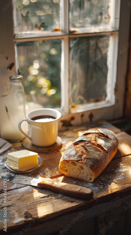 Rustic breakfast: A wooden table with a loaf of artisan bread, a knife, butter, and a cup of coffee, with natural light coming from a window. Rustic breakfast: A wooden table with a loaf of artisan bread, a knife, butter, and a cup of coffee, with natural light coming from a window.