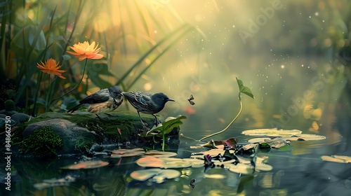 A harmonious pair of birds captured in a serene natural setting. photo