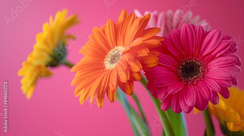 Close up of Gerbera Daisies on a pink background