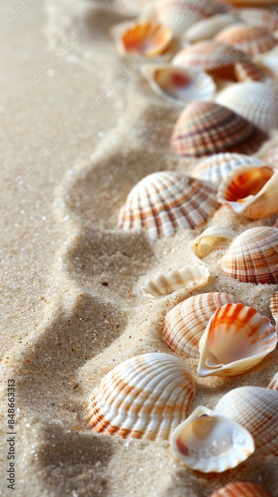 Seashells in the sand: A close-up of seashells scattered on sandy beach, with clear space for text Seashells in the sand: A close-up of seashells scattered on sandy beach, with clear space for text