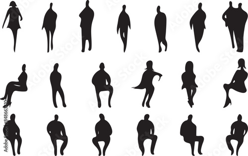 Vector, isolated silhouette of sitting standing people, man and girl